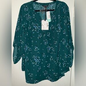41 Hawthorn Teal Green Floral 3/4 Sleeve Blouse